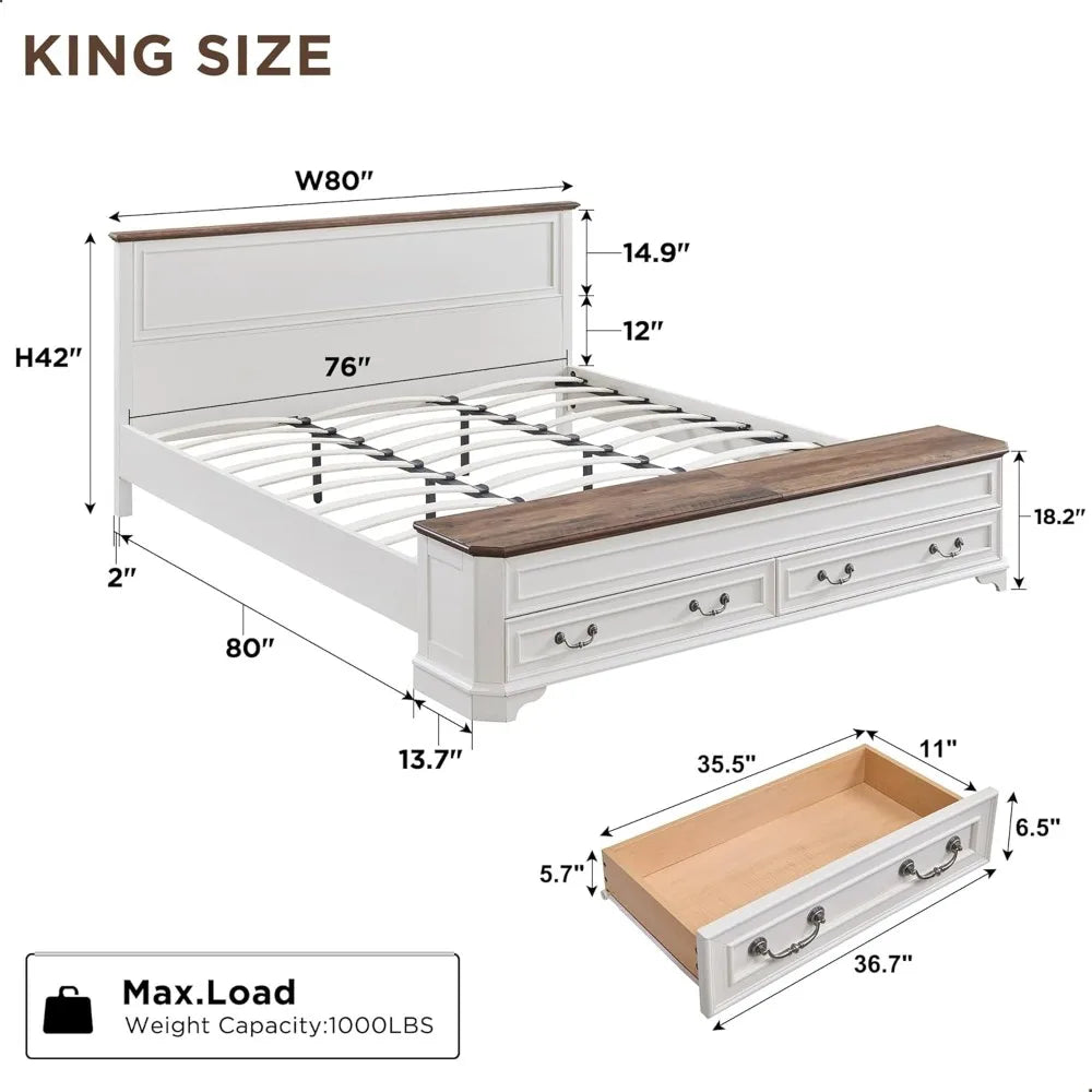 Farmhouse King Bed with Storage Bench and Drawers, Rustic Wood Platform Bed Frame in Antique White