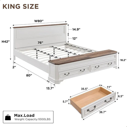 Farmhouse King Bed with Storage Bench and Drawers, Rustic Wood Platform Bed Frame in Antique White