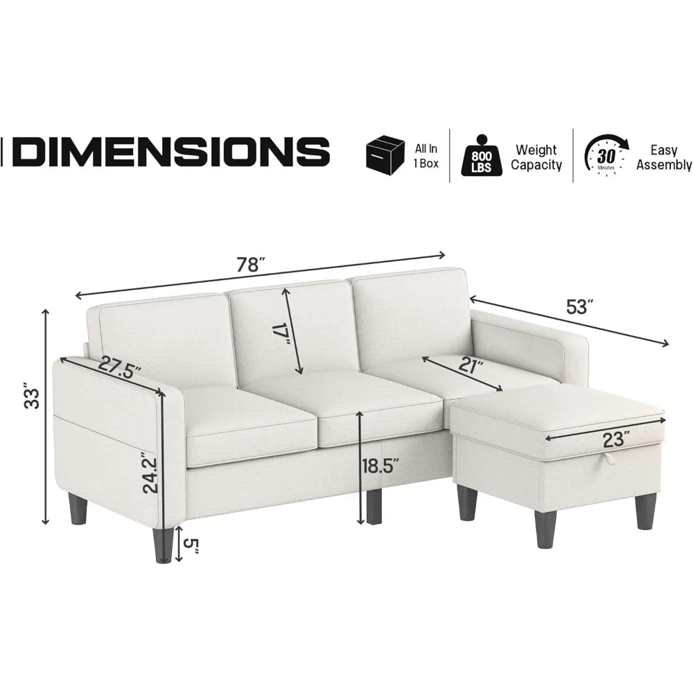 Couch for Living Room-78'' Beige Linen 3 Seat L-Shaped Sectional Sofa Couches with Storage Ottoman-Modern Small Space.Customized