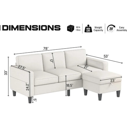 Couch for Living Room-78'' Beige Linen 3 Seat L-Shaped Sectional Sofa Couches with Storage Ottoman-Modern Small Space.Customized