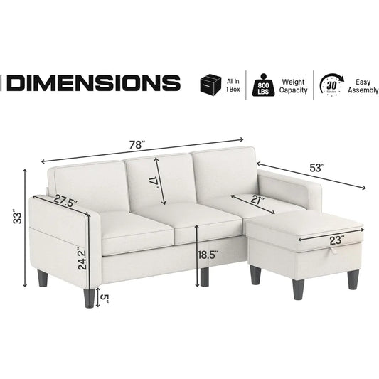 Couch for Living Room-78'' Beige Linen 3 Seat L-Shaped Sectional Sofa Couches with Storage Ottoman-Modern Small Space.Customized