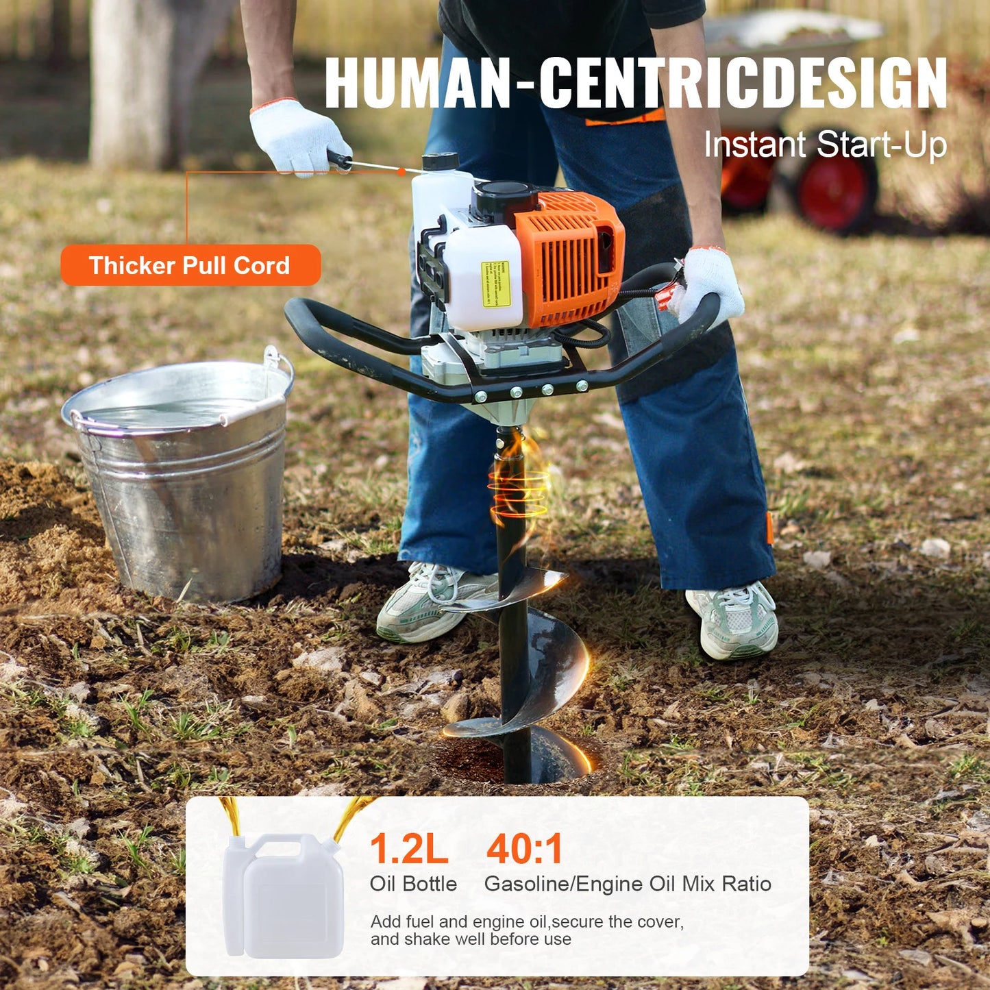 SucceBuy Post Hole Digger Gas Powered 63CC 2400W Auger Gas Auger with 8” Auger Drill Action Post Fence Hole Digger for Farmland