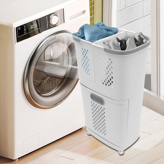 2-Layer Laundry Basket,Multifunctional Breathable Movable Storage Basket Stand For Classify Store Clothing and Daily Necessities