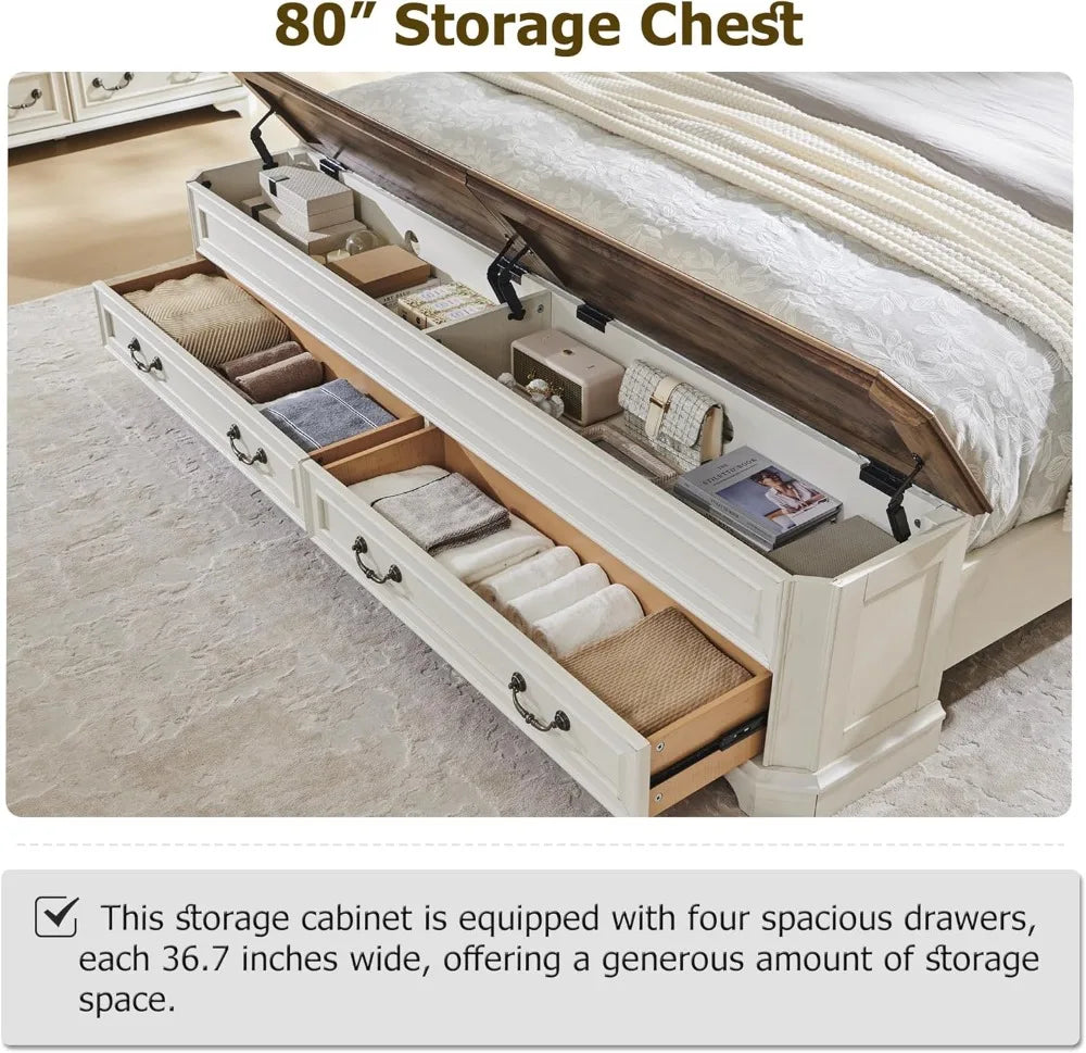 Farmhouse King Bed with Storage Bench and Drawers, Rustic Wood Platform Bed Frame in Antique White