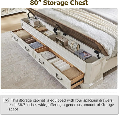 Farmhouse King Bed with Storage Bench and Drawers, Rustic Wood Platform Bed Frame in Antique White