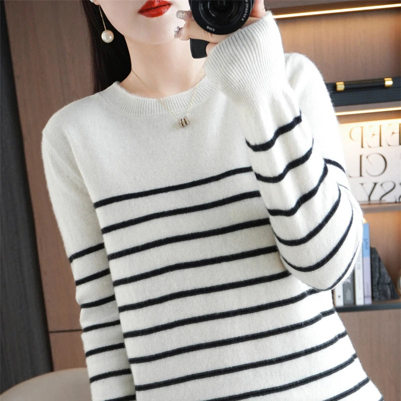 Spring Women's Pullover Sweater Striped Two-Color Sweater Long Sleeve Crewneck New 100% Cotton Pullover Sweater For Women-SMY257