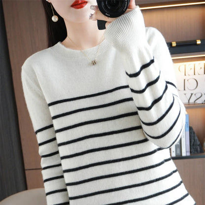 Spring Women's Pullover Sweater Striped Two-Color Sweater Long Sleeve Crewneck New 100% Cotton Pullover Sweater For Women-SMY257
