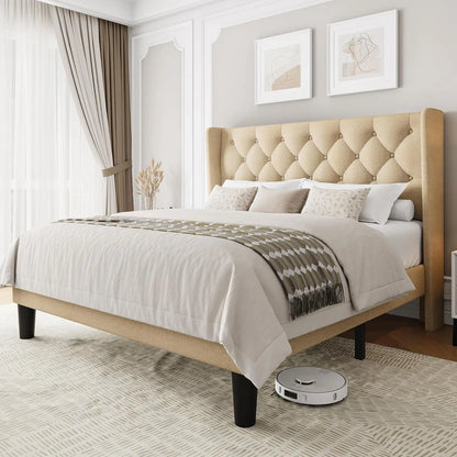 Full Size Upholstered Bed Frame with Wingback Headboard, Fabric Linen Platform Bed, 8" Under Bed Storage, Wooden and Metal Slats