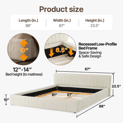Queen Size Chenille Platform Bed with Thick Headboard and Footboard, Block Pleated Design Style, Wooden Structure Solid, Noise F