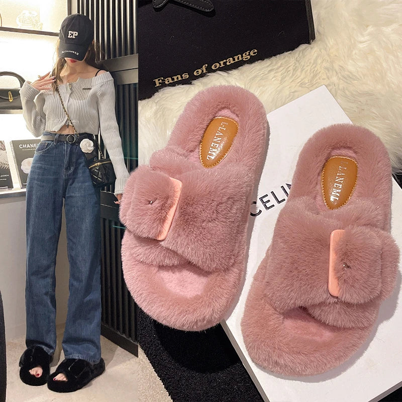 Women's Fashion Flat Fluffy Slippers Winter New Round Head Open Toe Suede Warm Comfortable Cotton Drag