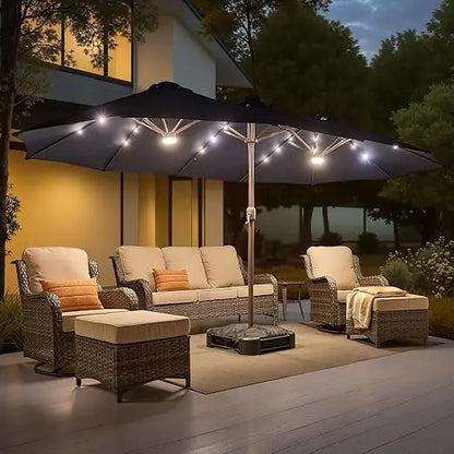 15ft Large Patio Umbrellas with Base & Solar Lights,Outdoor Rectangle Double-Sided Market Umbrella with Stand & 38 LED Lights,Ou