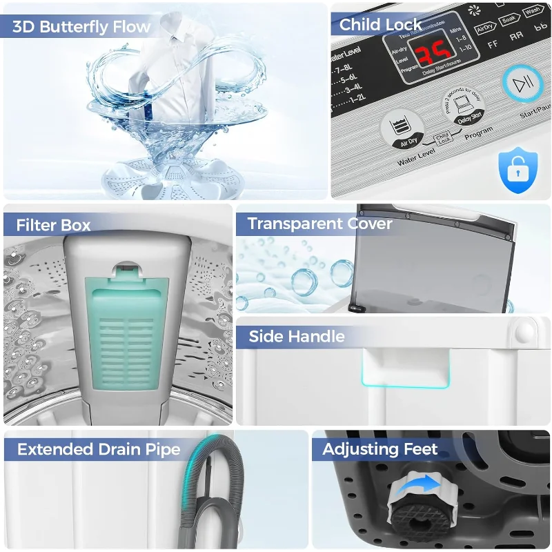 Nictemaw Portable Washing Machine 20Lbs Capacity 2.8 Cu.ft Portable Washer and Dryer Combo with 10 Programs and 8 Water Level