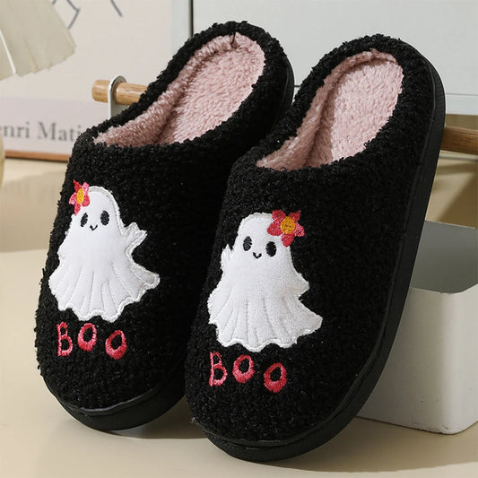 Halloween Ghost Plush Slippers Closed Toe Slippers Anti Slip Warm Slip-on House Shoes Soft Furry Slipper for Men Women