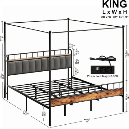 LIKIMIO Canopy Bed Frame Queen, Storage Headboard with Charging Station, Platform Bed with 4 Removable Sturdy Posts, Noise Free