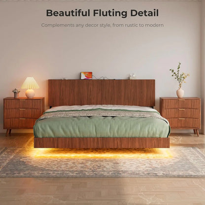 Walnut King Floating Bed Frame with Headboard, Mid Century Modern Fluted Platform Bed with LED Lights, Heavy Duty, Customized