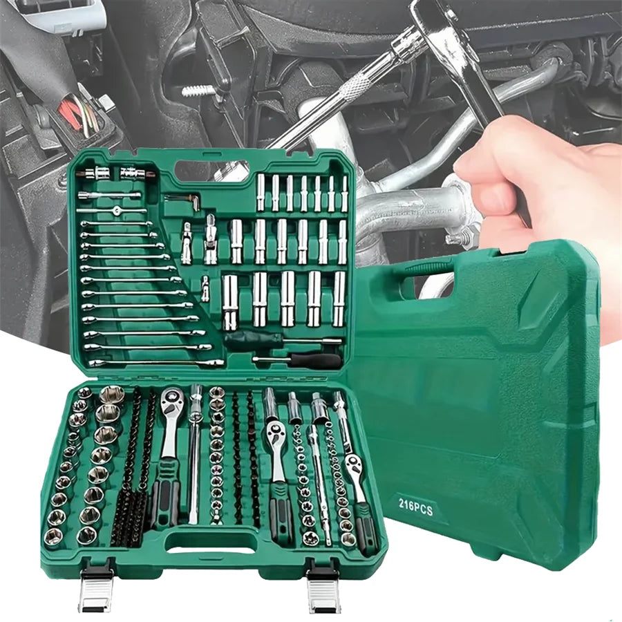 216pcs green Multifunctional Car Repair Tool Set with Plastic Storage Box