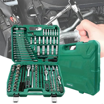 216pcs green Multifunctional Car Repair Tool Set with Plastic Storage Box
