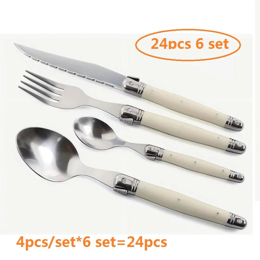4/6/24pcs Laguiole Ivory White Silverware Stainless Steel Steak Knives Table Forks Dinner Spoons Dessert Teaspoon Xmas Cutlery