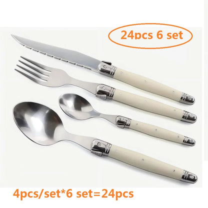 4/6/24pcs Laguiole Ivory White Silverware Stainless Steel Steak Knives Table Forks Dinner Spoons Dessert Teaspoon Xmas Cutlery