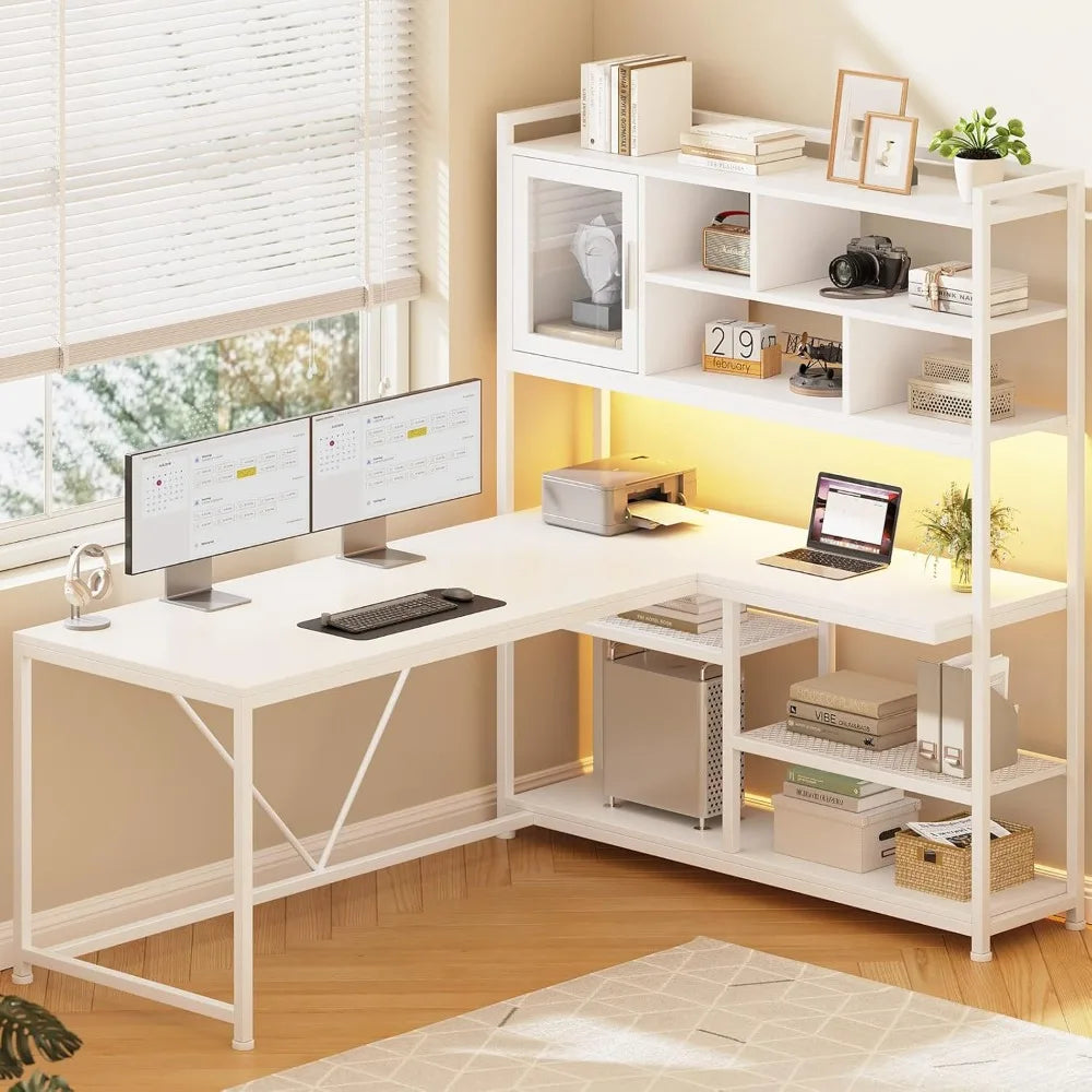 L Shaped Computer Desk, 58'' Office Desk with LED Light and Bookshelf, L Shaped Corner Desk with Storage Shelves