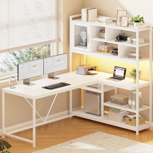 L Shaped Computer Desk, 58'' Office Desk with LED Light and Bookshelf, L Shaped Corner Desk with Storage Shelves