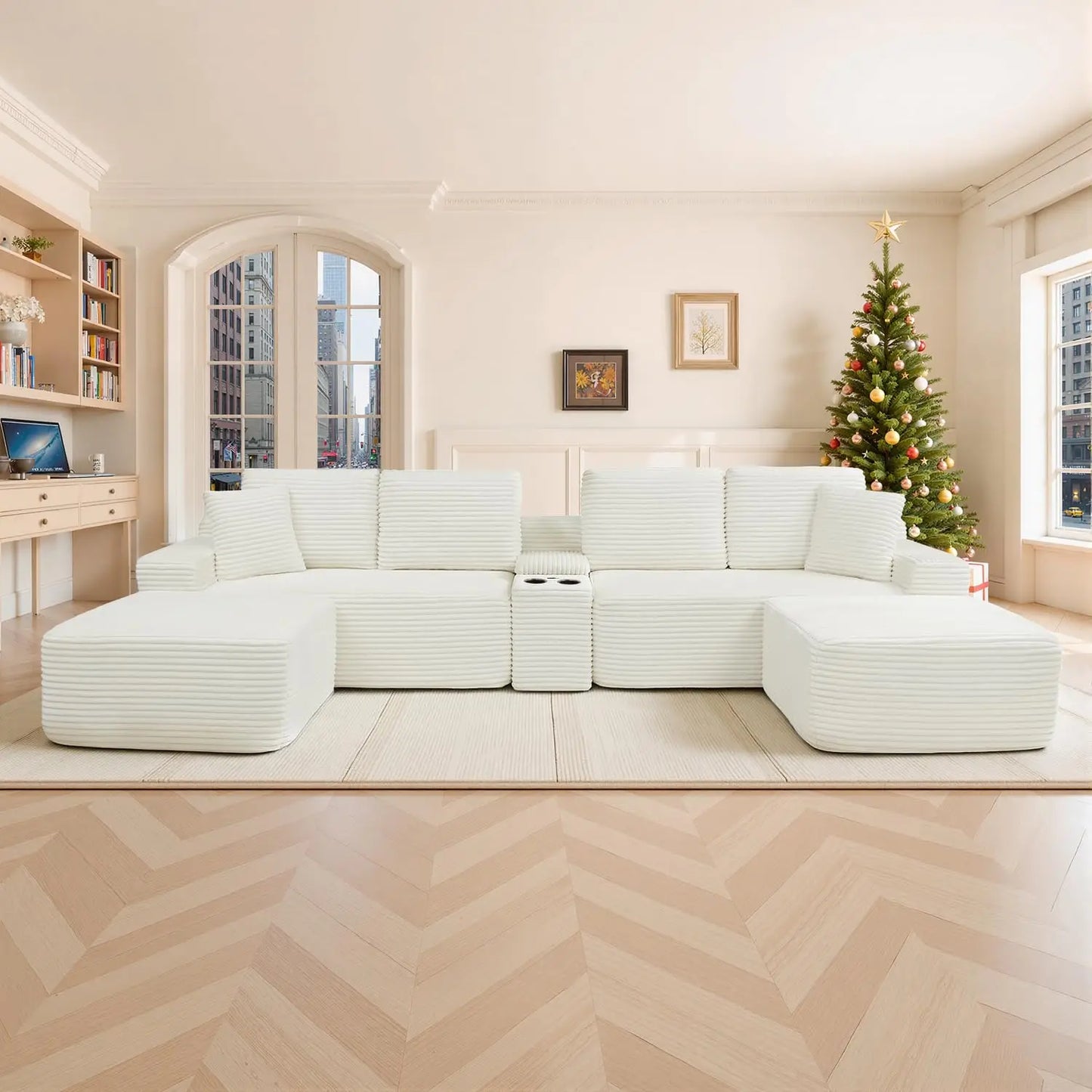 125" Oversized Modular Sectional Sofa, Deep Seat Cloud L-Shaped Corduroy Couch with Cup Holders, USB Ports &, Customized