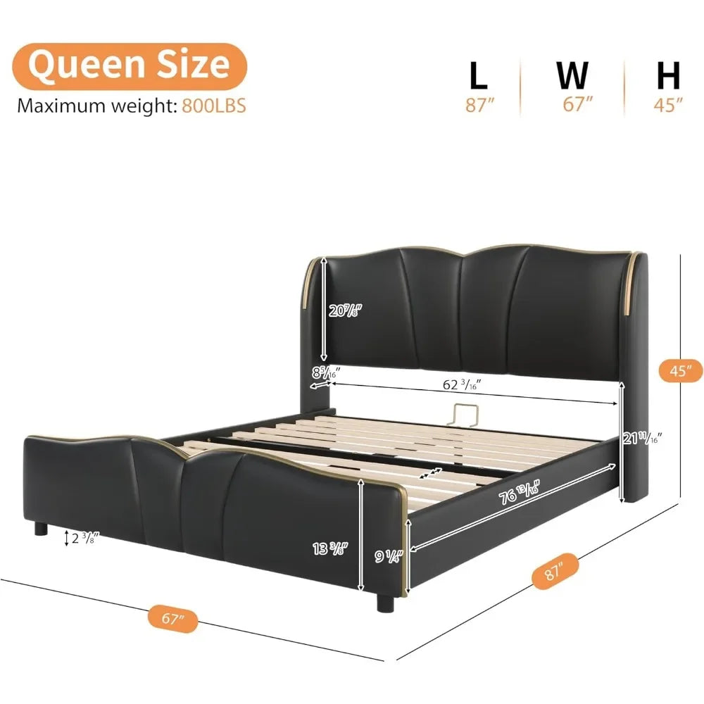 Modern Luxury Leather Platform Bed Frame - Wingback Headboard & Wavy Footboard, No Box Spring Required