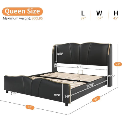 Modern Luxury Leather Platform Bed Frame - Wingback Headboard & Wavy Footboard, No Box Spring Required