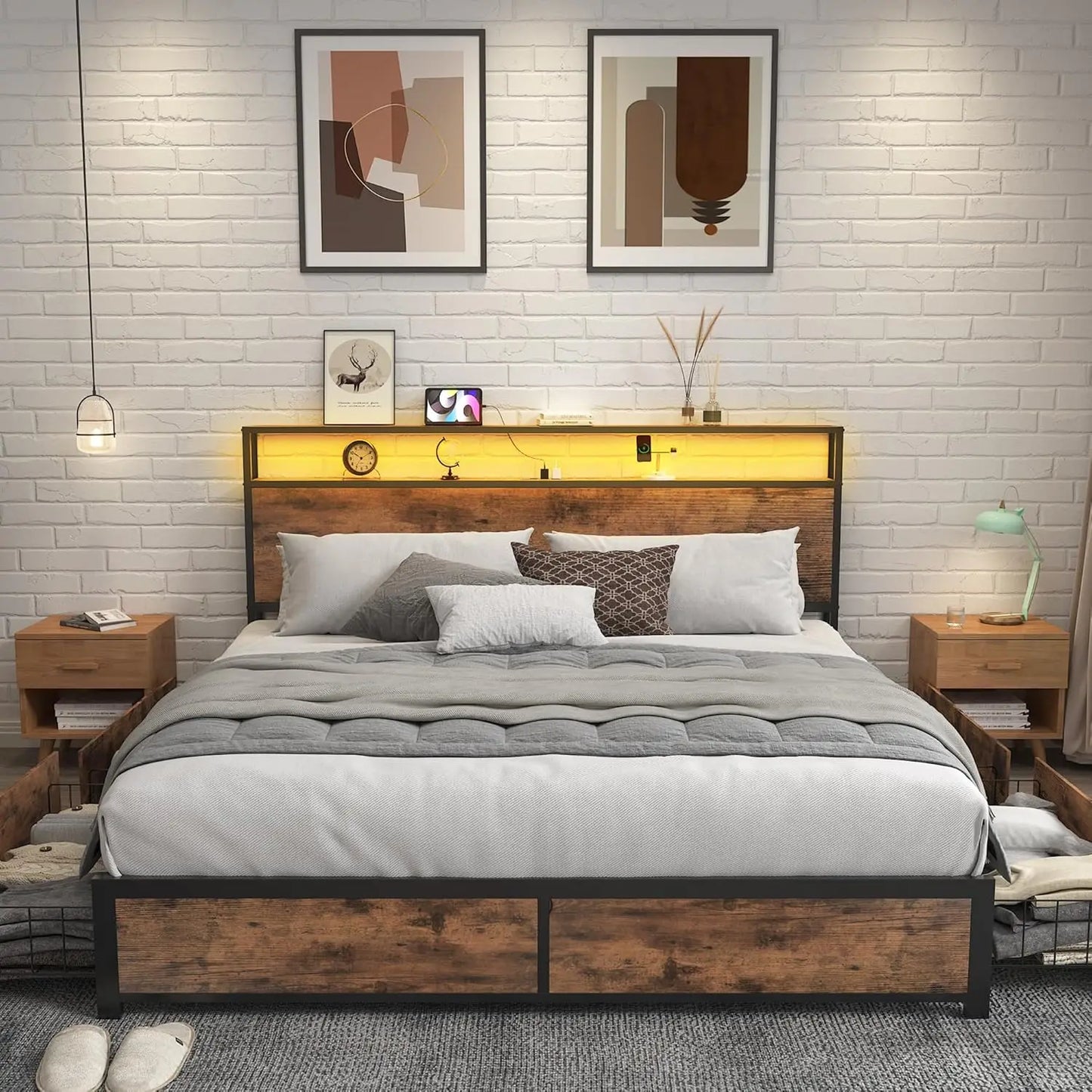 Queen Bed Frame with 2-Tier Storage Headboard, Metal Platform Bed Frame with 4 Storage Drawers, Built in Charging, Customized