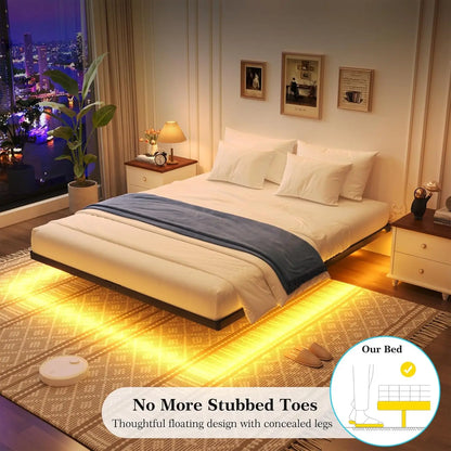 Queen Size Floating Bed Frame with Smart LED Lights, Heavy Duty Metal Platform Bed - Easy Assembly, Noise Free
