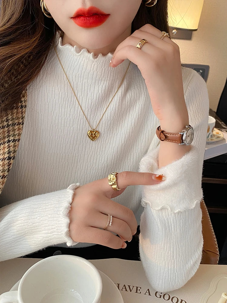Autumn Elegant Casual Ruffles Knitted Sweater Fashion Women Mock Neck Pullover Solid Top Winter Warm Long Sleeve Knitwear Jumper