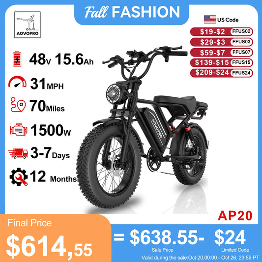AOVOPRO Electric Bike 1500W Peak 20" Fat Tire 31mph Top Speed 70 Miles Max Range for Road Sand Mountain Snow Electric Motorcycle