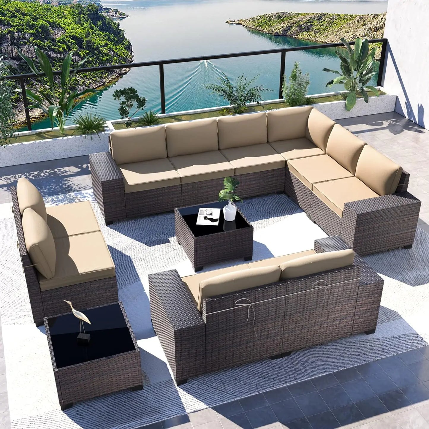 12 Pieces Outdoor Patio PE Rattan Sectional Sofa Set with Cushions & Tempered Glass Coffee Table for Garden Porch, Customized