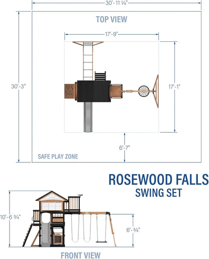 Rosewood Falls Cedar Wood Swing Set with Monkey Bars, Clubhouse, Crow's Nest, Play Kitchen, Wave Slide, Rock Wall, Belt Swings,