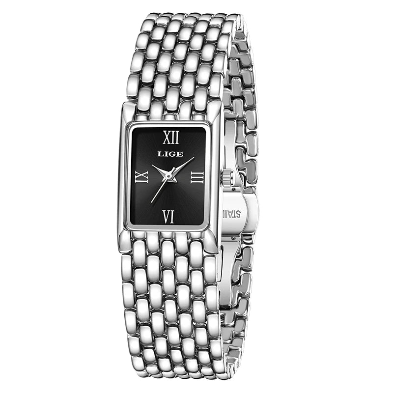 LIGE Luxury Golden Womens Wristwatch Square Quartz Steel Watch for Woman Elegant Bracelet Waterproof Fashion Ladies Watches+Box