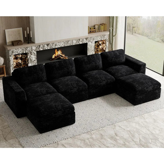 Cloud Sectional Couches for Living Room Plush Corduroy U Shaped Boneless Modular Sectional Sofa with Deep Seat. Black Couch.