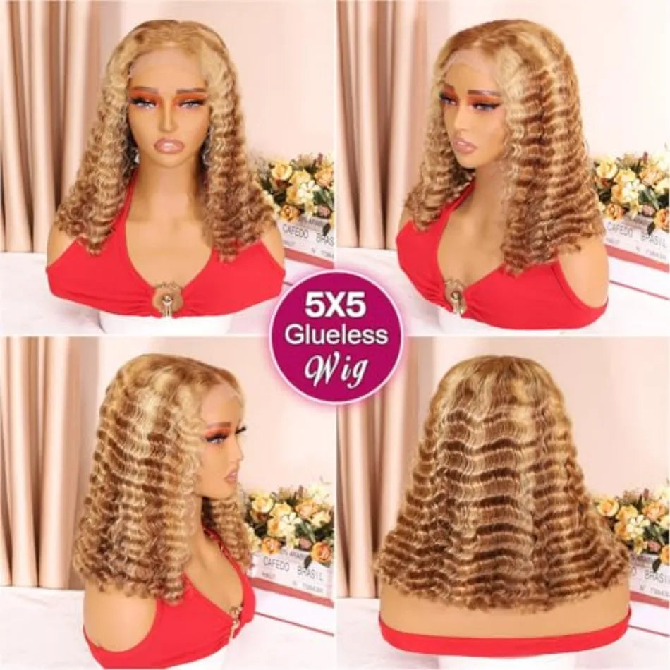 4/27 Ombre Highlight Lace Front Wig Human Hair Pre Plucked 250% Density Honey Blonde Wear and Go Glueless Wig 5X5 Glueless Wig