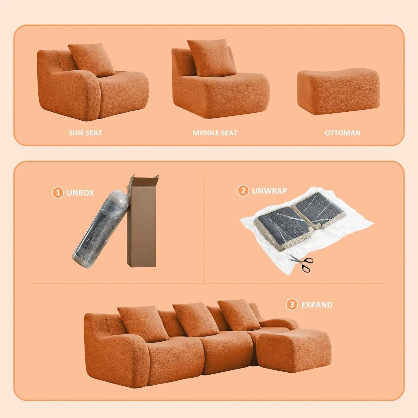 115" Modular Boneless Sectional Sofa, L-Shape Boneless Couch for Living Room and Apartments, 32D High Density, Customized