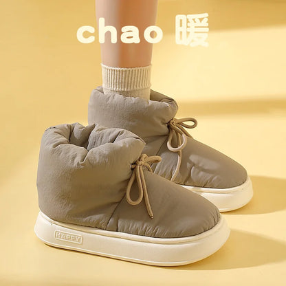 Winter Warm Thick Furry Women Ankle Boots Indoor Lace-up Plush Slippers Ladies Men Home Cotton Shoes