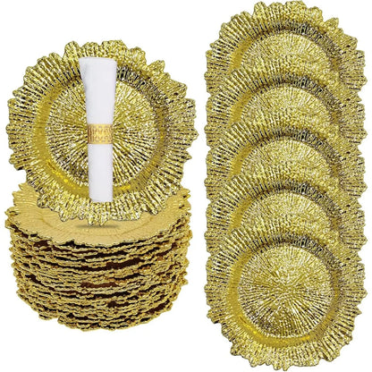 24 Pack Gold Charger Plates Round Plastic Reef Plate Chargers with Flora Reef Design Gold Chargers for Dinner Plates