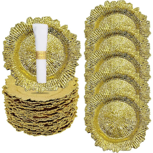 24 Pack Gold Charger Plates Round Plastic Reef Plate Chargers with Flora Reef Design Gold Chargers for Dinner Plates