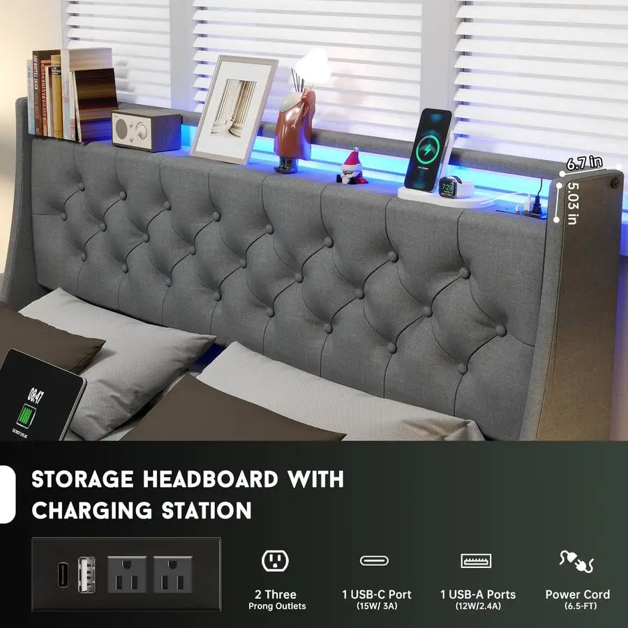 Size Bed Frame with Charging Station and Headboard, Upholstered Button Tufted Platform Queen Bed with 2 Storage Drawers and LED