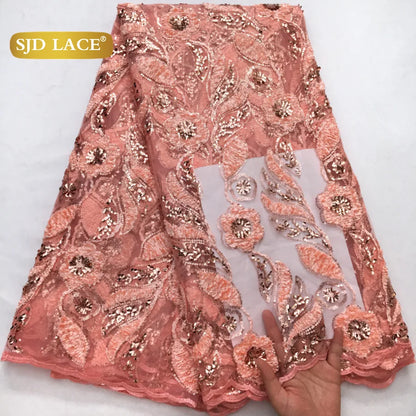 SJD LACE French Mesh Lace Fabric with Beads 2025 High Quality Nigerian African Net Tulle Lace for Sewing Women Wedding Dress4319