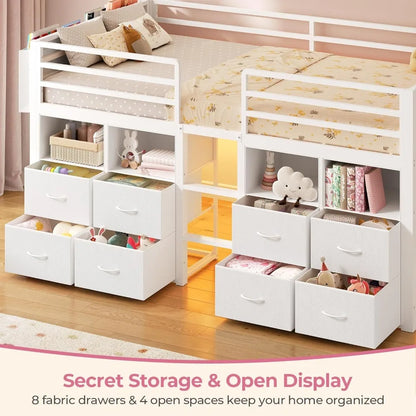 Low Loft Bed Twin Size with Storage Drawers, Bookcase, LED Lights, Safety Guardrail, Under-Bed Play Space