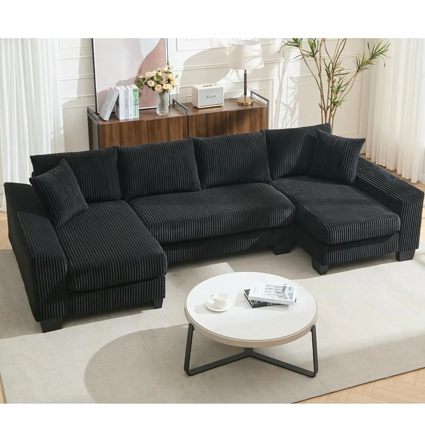 Modern U Shape Sectional Sofa Cloud Couch, 110" Upholstery Chenille Fabric Modular Couch, Comfy 4 Seat Sleeper Sofa With Double