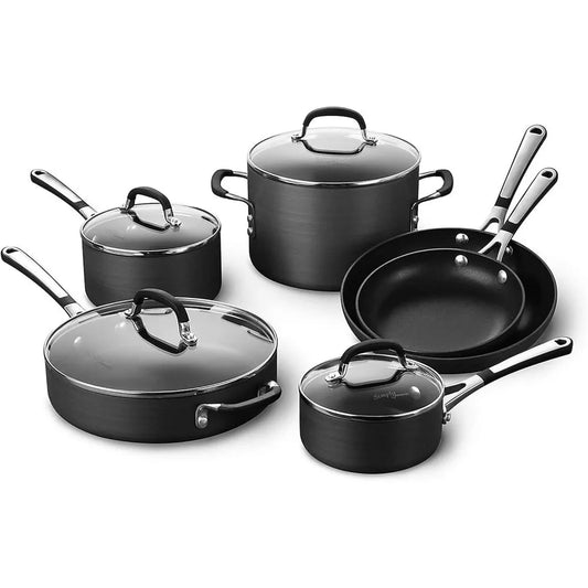 Calphalon 10-Piece Non-Stick Cookware Set with Black Pots and Pans, Stainless Steel Cool-Touch Handles, and Hard-Anodized Alumin