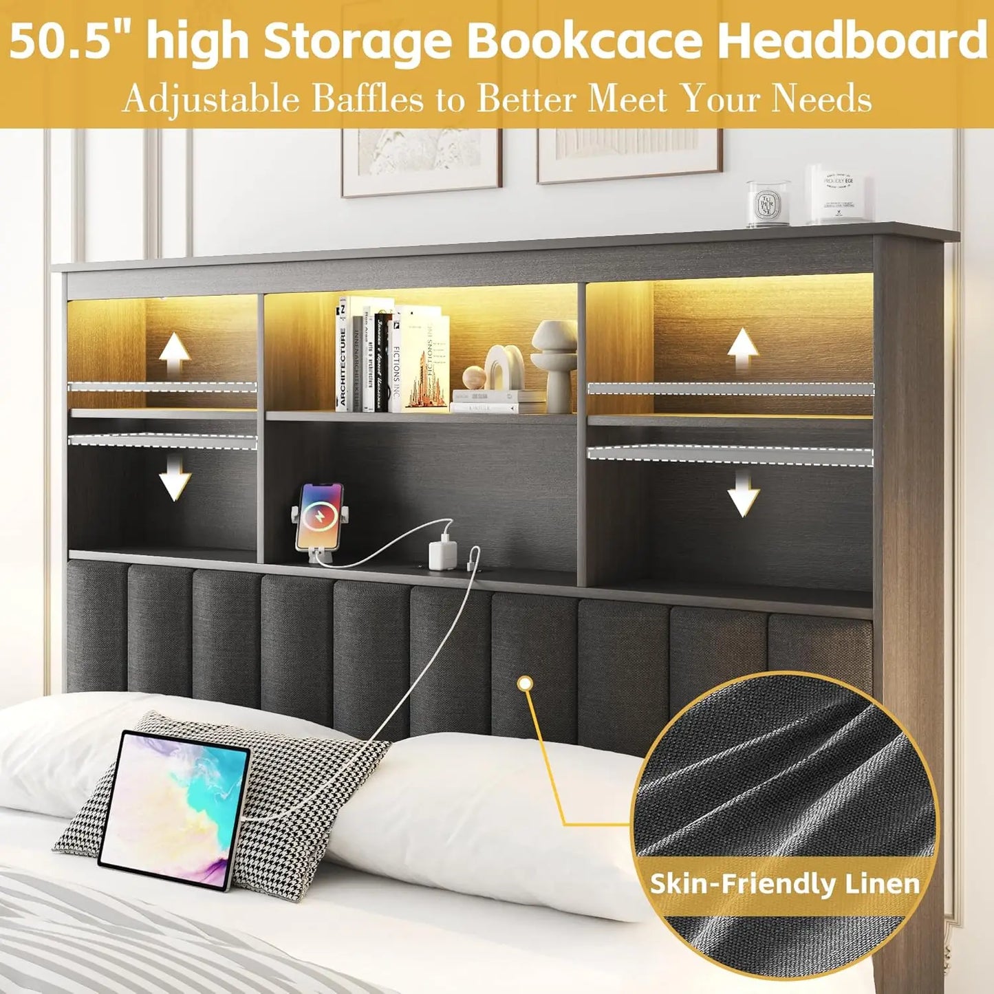 Queen Bed Frame with Headboard, Queen Bed Frame with High Storage Bookcase Headboard, 4 Storage Drawers & Charging, Customized