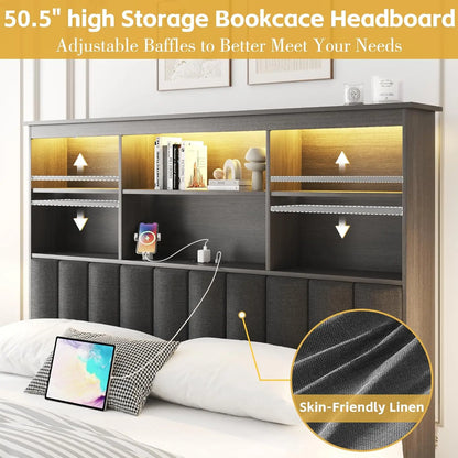 Queen Bed Frame with Headboard, Queen Bed Frame with High Storage Bookcase Headboard, 4 Storage Drawers & Charging, Customized