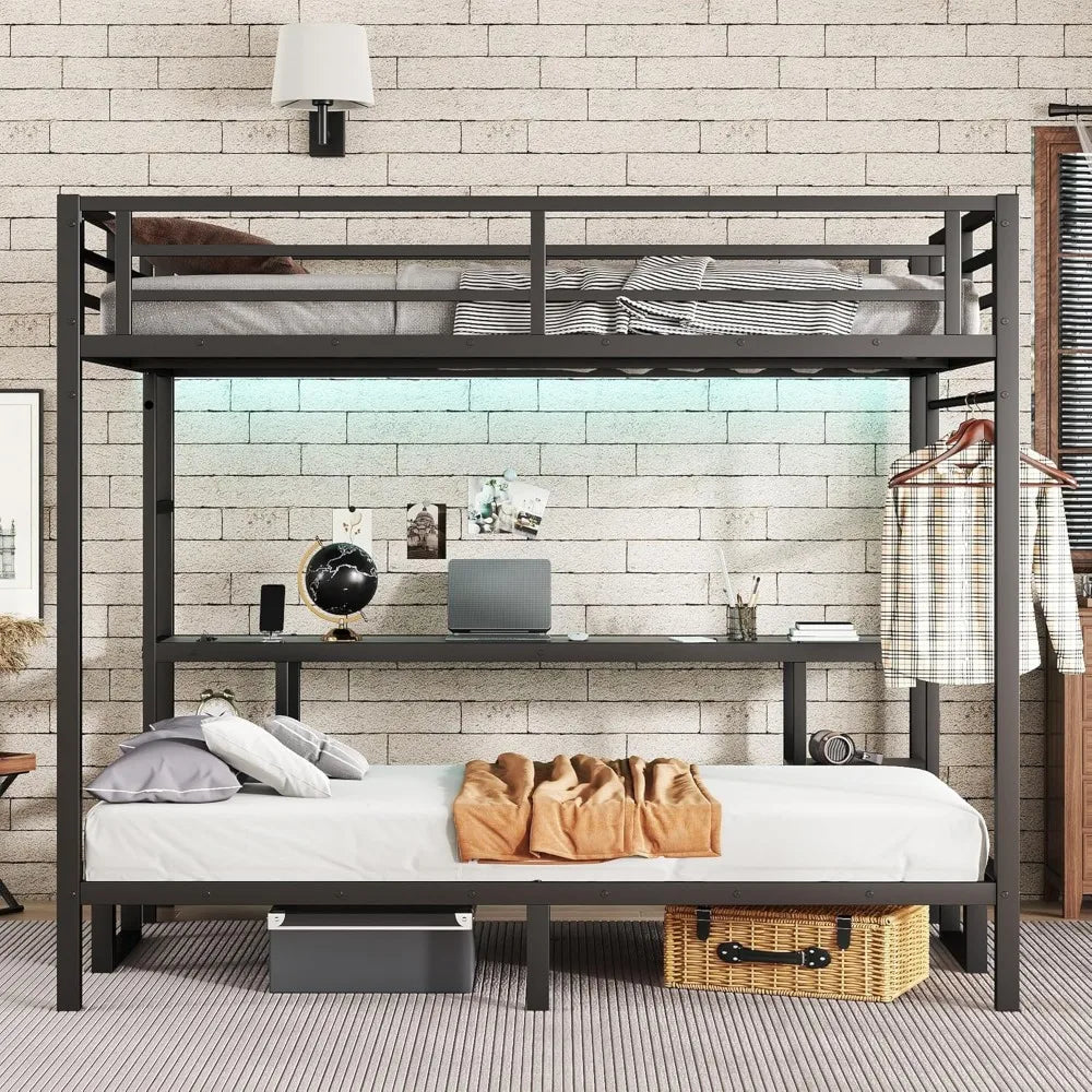 Futon bunk Bed Twin XL Over Queen, Queen loft Bed with futon and Desk and Shelves, LED, USB, Black
