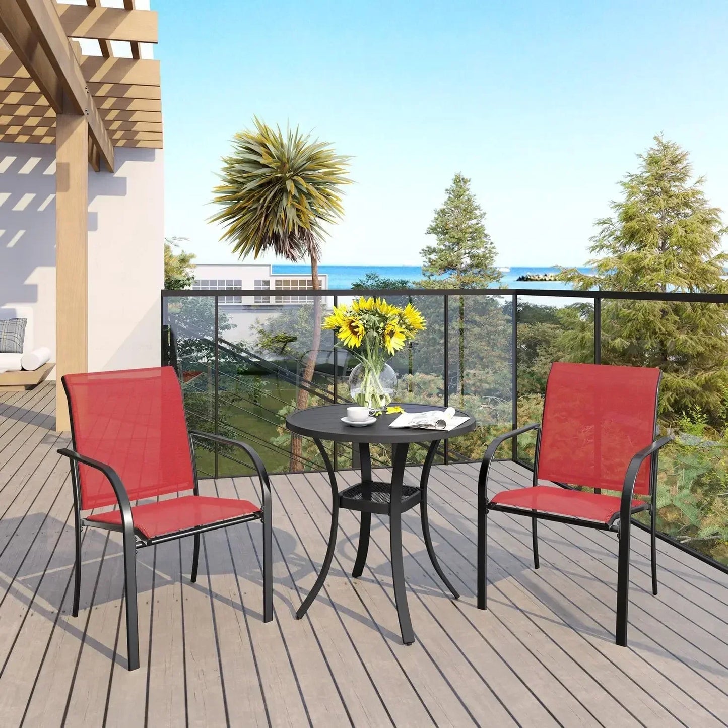 5-Piece Patio Dining Set – Outdoor Furniture Set w/1 Square Table & 4 Stackable Sling Chairs – Patio Dining Furniture